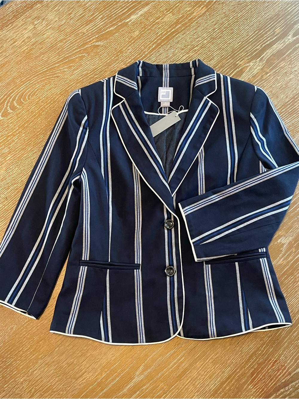 NWT Stunning Striped Navy Blazer with Contrast Piping Small